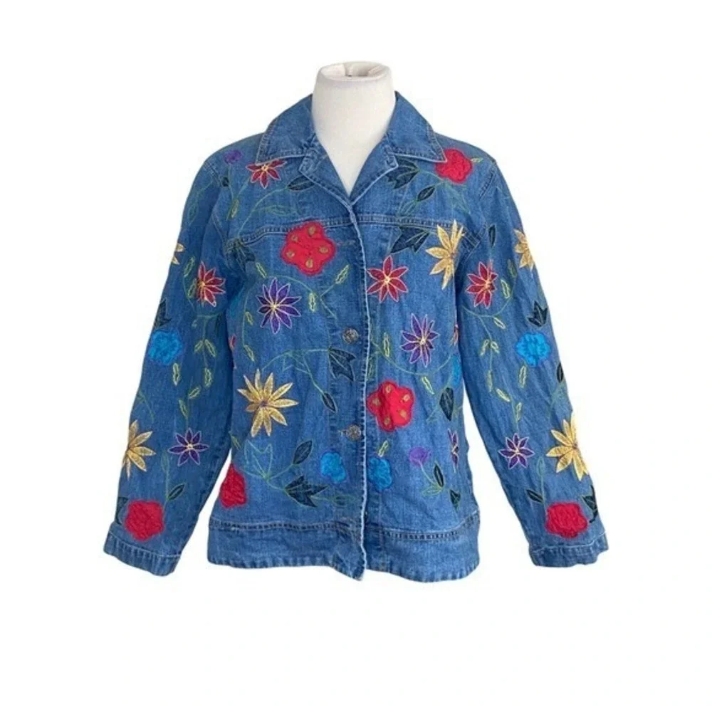 Embroidered Denim Jacket Chicos‎ Design Floral Cottagecore peasant